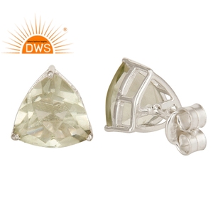 Trillion Cut Green Amethyst Gemstone Earrings Solid 925 Sterling Fine Silver Designer Stud Earrings Jewelry Manufacturer - Product Image 3