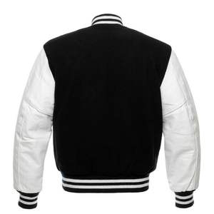 University Letterman Varsity Jacket Vestes en laine noire Manches en cuir véritable Blouson bombardier blanc - Product Image 2