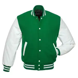 KELLY GREEN Wool Varsity Letterman BOMBER BASEBALL Jacket WHITE Leather Sleeves