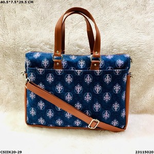 Bolso Tote Clásico de Lona Azul Estampada con Asas de Cuero Marrón y Correa Extraíble para Mujer, Bolsos para Portátil, Bolsos de Algodón - Product Image 1