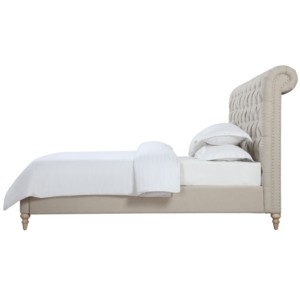 Soft Tufted Headboard <b>Platform</b> <b>Bed</b> Queen Size Modern Style Solid Teak Wood <b>Frame</b> Beige Upholstery - Product Image 2