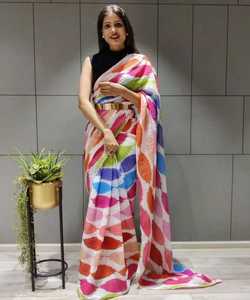 Bollywood Designer Soie Lyra Tissu Saree Travail Fleur Broche Fête De Mariage Porter Impression Numérique Coloré De Luxe Indien Saree - Product Image 5