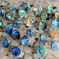 Bagues classiques en argent allemand plaqué or 18 carats avec labradorite naturelle drusée, pierre précieuse multicolore, cristal de guérison, certifiée IGI