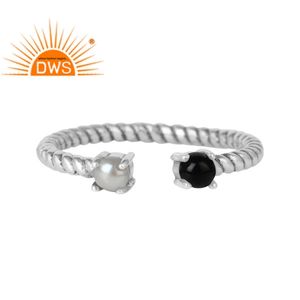 Natural Double Gemstone Operable Oxidized Silver Ring Jewelry Wholesaler Black Onyx, White Pearl Prong Set Ring - Product Image 1