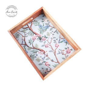 Long plateau de service rectangulaire personnalisable personnalisé avec design en émail décoratif en bambou et bois de manguier pour les articles de service - Product Image 1