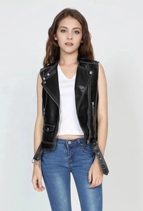 Women's <b>Red</b> PU Leather Sleeveless Biker Vest With Zipper Closure And <b>Belted</b> Waist - Product Image 5