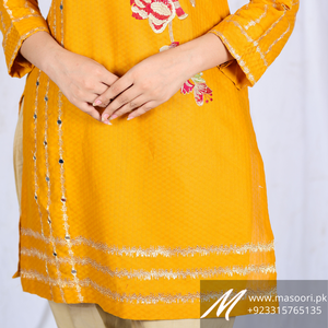 High Quality Masoori Cotton <b>Fabric</b> with Tilla & Mirror Work Embroidery <b>Indian</b>/Pakistani Style Women's Kurta/Kurti Made Pakistan - Product Image 4