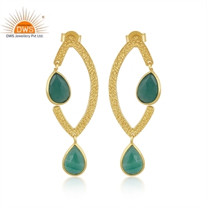 Trendy <b>Top</b> Selling Sterling Silver Gold Plated Dangle <b>Earring</b> Pear Cut Green Onyx Gemstone <b>Earring</b> Supplier - Product Image 1