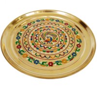 Grande assiette décorative en laiton avec motif de paon doré, style Meenakari, pour Puja Thali - Doré Meena (12 pouces x 12 pouces x 0,5 pouces)