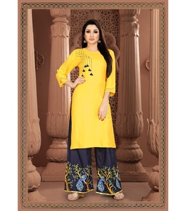 Robe de soirée moderne Look de créateur Nouvelle Collection Couleur verte Travail lourd brodé Femmes indiennes Prêt à porter Kurti avec Palazzo Alphanumero - Product Image 3