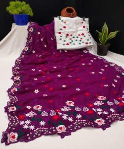 Sari en soie brodé de créateur, conçu sur mesure pour les fêtes, avec pièce de chemisier, bordure en dentelle de soie douce, tenue de mariage, dernière collection de vêtements pour femmes - Product Image 2