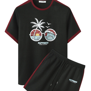 <b>Mens</b> Quick Dry Knitted Cotton Shorts Two-Piece Outfit Crew Neck Drawstring Pocket Short Sleeve Track Set Summer - Product Image 1