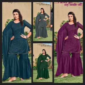 Traje de boda de diseñador a la moda para mujer, conjunto de ropa de fiesta de moda, Kurta Sharara, Dupatta, venta al por mayor, Surat, India - Product Image 5