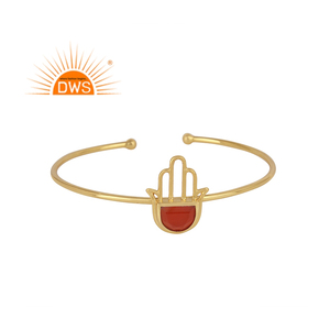 Fashion Designer Hamsa Hand <b>Cuff</b> Bangle Red Onyx Gemstone Set Gold Plated <b>Silver</b> 925 Bangle Jewelry Supplier - Product Image 1