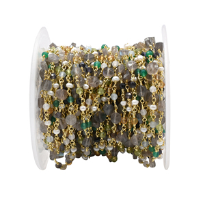 สร้อยประคำหินหลายชนิด หยกเขียว เพอริดอท มุก ลาบราโดไรต์ ขนาด 3-5 มม. รูปทรงรอนเดลล์ หุ้มทองเหลือง 18K ชุบทอง พร้อมสายทองหุ้มลวด - Product Image 1