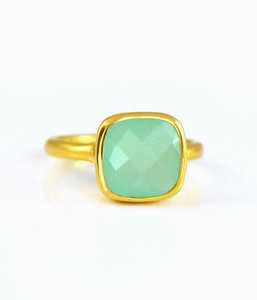 Aqua calcédoine-ensemble de lunette en forme de coussin, Vermeil doré, bague en argent Sterling 925, taille de la pierre 10mm, bague en argent 925 - Product Image 1