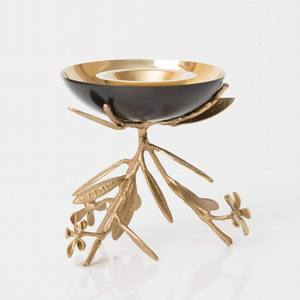 Bol décoratif à deux compartiments en acier inoxydable et laiton, texture martelée, avec poignée, motif feuille, forme ronde, élégant - Product Image 2