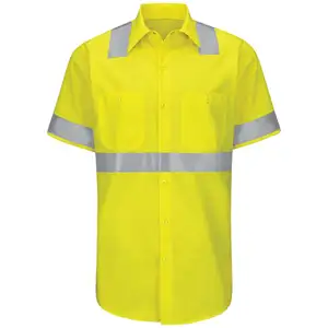 Camisa de trabalho 100% algodão Hi Vis com logotipo personalizado, camisa de trabalho de manga curta reflexiva de segurança com gola virada para baixo