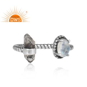 แหวนเงินแท้สเตอร์ลิงออกซิไดซ์ประดับเพชรเฮอร์คิเมอร์ธรรมชาติและมูนสโตนสีรุ้ง รุ่นล่าสุดปี 2026 สำหรับผู้หญิง จากผู้ผลิตเครื่องประดับ - Product Image 2