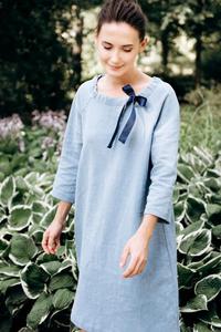 Feel Effortlessly Elegant Bouquet Blue Long <b>Dress</b> 100% Linen O-Neck Formal 3/4 Sleeve Knee-Length Breathable <b>Loose</b> Fit <b>Dress</b> - Product Image 2