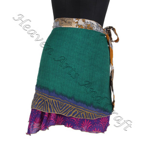 2023 Indo Western soie Sari Wrap Mini jupes-Deux couches soie Wrap Mini jupes-indien en gros Mini jupes Vintage Sari - Product Image 2