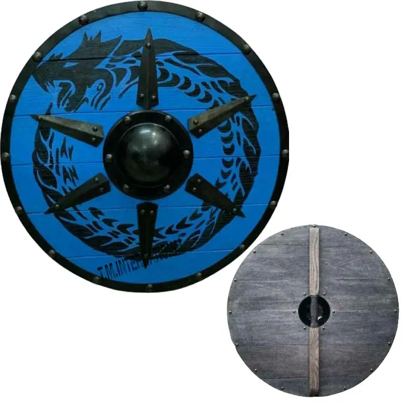 Guerrero Medieval madera y acero vikingo escudo redondo armadura escudo Cosplay placa redonda azul escudo de madera armadura disfraz para adultos.