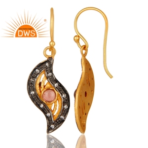 White Zircon And Pink Tourmaline Gemstone <b>Dangle</b> <b>Earring</b> Black & <b>Gold</b> Plated Silver Designer <b>Earring</b> Jewelry Supplier - Product Image 2