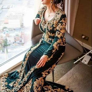 NEW STYLISH CAFTAN DRESS WITH COLORFUL EMBROIDERY of DABKA, CRYSTAL GLASS BEADS,GLASS STONE WORK for PARTY-WEAR @ 2022 - Product Image 1