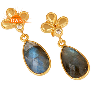 Belle 18k Plaqué Or Flashy Labradorite Cut Gemstone Sterling Silver Dangle Boucle D'oreille Bijoux Grossiste Collection Classique - Product Image 2