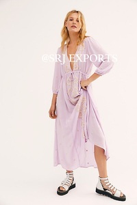 Women's Lavender <b>Chiffon</b> <b>Wrap</b> <b>Dress</b> Embroidery V-Neck Long Sleeve Bohemian Long Loose Fit Summer 100% Polyester Breathable - Product Image 2