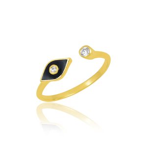 Moda personalizada chapada en oro personalizado esmalte negro mal de ojo 925 plata esterlina CZ anillo ajustable joyería - Product Image 1