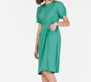 Green O-Neck Short Sleeve Knee-Length Linen <b>Dress</b> with <b>Pockets</b> Casual Loose Fit Formal Solid Summer Wear - Product Image 5