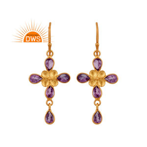 ต่างหูห้อยประดับคริสตัลอเมทิสต์ทรงกากบาทชุบทอง 24k ดีไซน์สวยหรู พร้อมกรอบเงิน จากผู้ผลิตเครื่องประดับ - Product Image 1