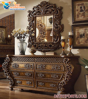 Table console moderne antique en teck massif avec miroir de console doré en bois sculpté à la main richement décoré