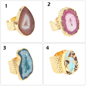 Fancy Shape Mohave Mix Copper <b>Turquoise</b> <b>Ring</b> Yellow Gold Electroplating <b>Ring</b> Hammered Texture Wide Band Adjustable <b>Rings</b> - Product Image 2