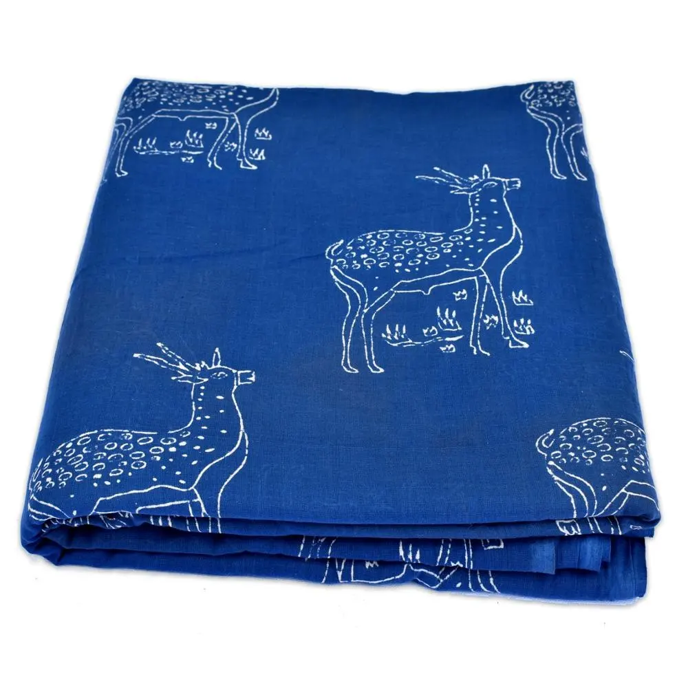 Mão Bloco Animal Impresso Indigo Azul Algodão Voile Tecido Favor Tema Indiano Elegante Olhar Bonito Vestuário Material Atacado