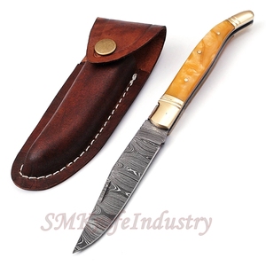 Couteau de poche pliant fait main de damas avec étui en cuir (smk1271), couteau multifonctionnel en acier, couteaux Sm de couleur bois - Product Image 5