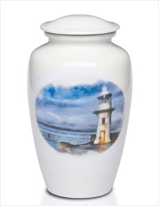 ภาพวาดด้วยมือสีขาวประภาคารโลหะโกศศพสำหรับผู้ใหญ่วัสดุสำหรับฝังศพขี้เถ้ามนุษย์ - Product Image 1