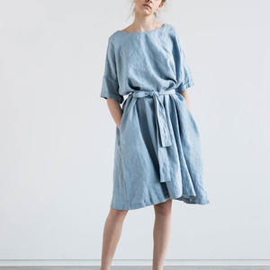 Vestido de lino sexy de manga corta con bolsillo, color gris claro, 100% lino, formal, de verano, a la última moda, tendencia 2026 - Product Image 4