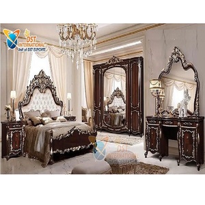 Classical Dark Brown Polish Morden High Carved Teak Wood Bedroom Furniture Set - Product Image 1