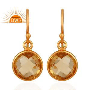 Glossy Round Citrine Gemstone Earrings Handmade Gold Plated Jewelry Suppliers 925 Silver Dangle Hook Earrings