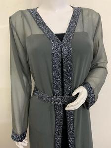 2025 nouveau musulman Ramadan mode EID Abaya offre mode musulmane Robe ceinture Cardigan Maxi Robe haussement d'épaules manteau robe perlée à la main Abaya - Product Image 5