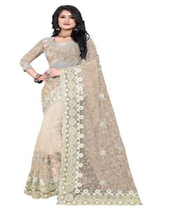 Diseñador de ropa de fiesta, diseño de flores de seda de red bordado, ropa de mujer india, Sari de color naranja con pieza de blusa, Sari étnico de trabajo de perlas - Product Image 5