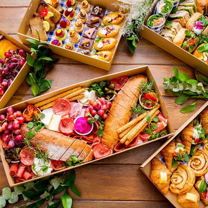 Custom large eco friendly disposable kraft cardboard brunch grazing catering tray platter take away food packaging lunch boxes