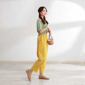 Vestido de lino para mujer, diseño moderno, color caqui, cuello redondo, manga corta y pantalón largo tipo pijama con bolsillo, largo hasta el suelo. - Product Image 4