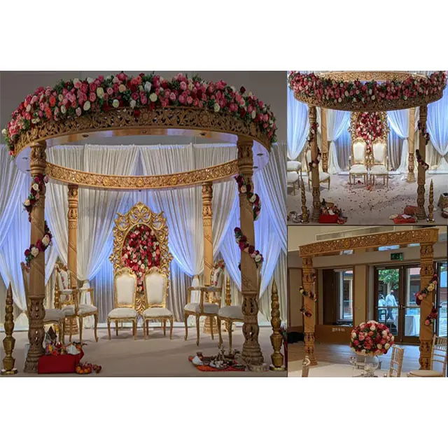 Mandap mesmerizante redondo para casamento, mandap 4 pilares do casamento, decoração circular de mandap, quatro pilares, mandap para casamento