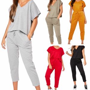 2025 Hot Women Ladies V Neck Baggy Boxy Lounge Wear 2 Pocket Top Bottoms Suit Chándal para mujer - Product Image 1
