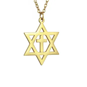 Waterproof 18K Gold Plated Star of David Necklace Stainless Steel Gold Messianic Cross Star of David Necklace For Men Women