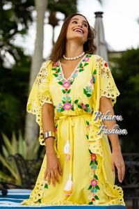 Mujeres manga corta Tie & Dye Floral bordado cuello pico piso longitud Kaftan - Product Image 5