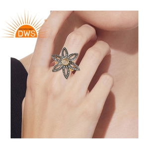 CZ Smoky <b>Quartz</b> Gemstone Gold Plated 925 Silver Floral Statement <b>Ring</b> Jewelry - Product Image 5